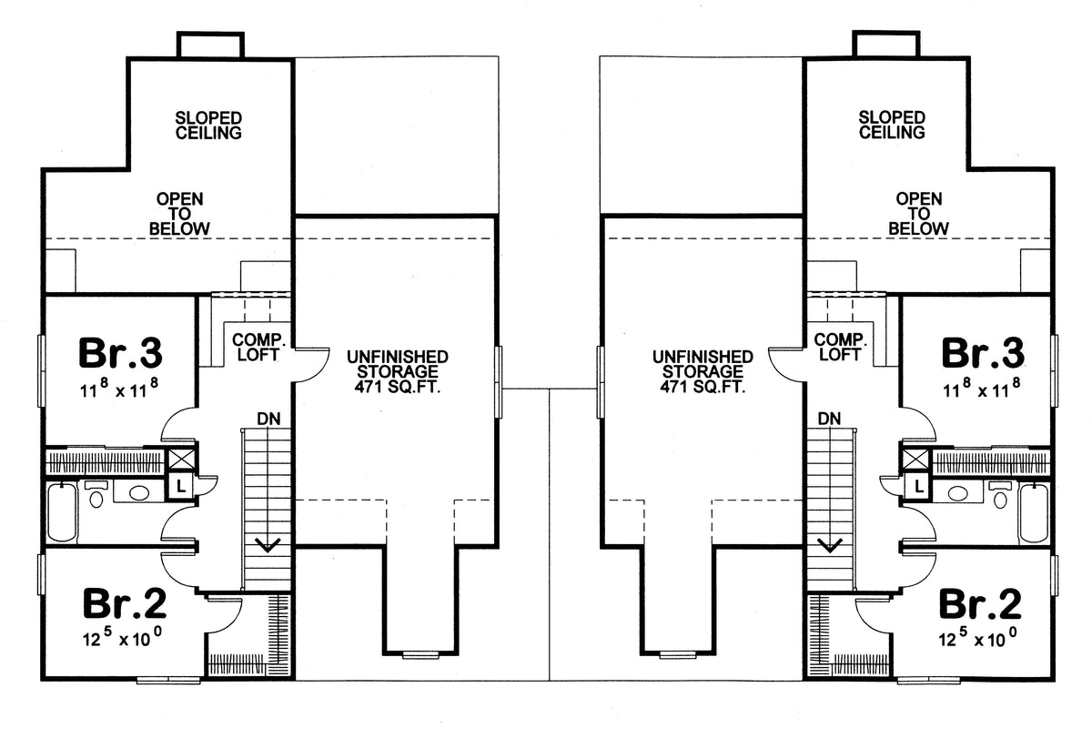 AB7953-A Traditional Duplex House Second Floor Plan, 6 Bedrooms, 6 Bathrooms | Wheeler 7618 
