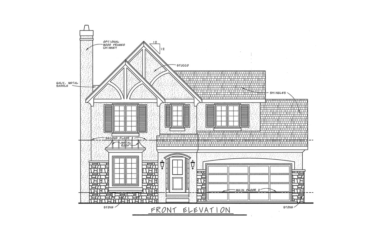 AB7759-A French Country House Front Elevation, 3 Bedrooms, 2.5 Bathrooms | Ravena House Plan