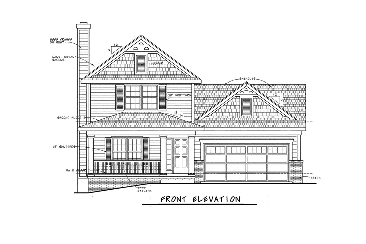 AB7763-A Traditional House Front Elevation, 3 Bedrooms, 2.5 Bathrooms | Wellman House Plan