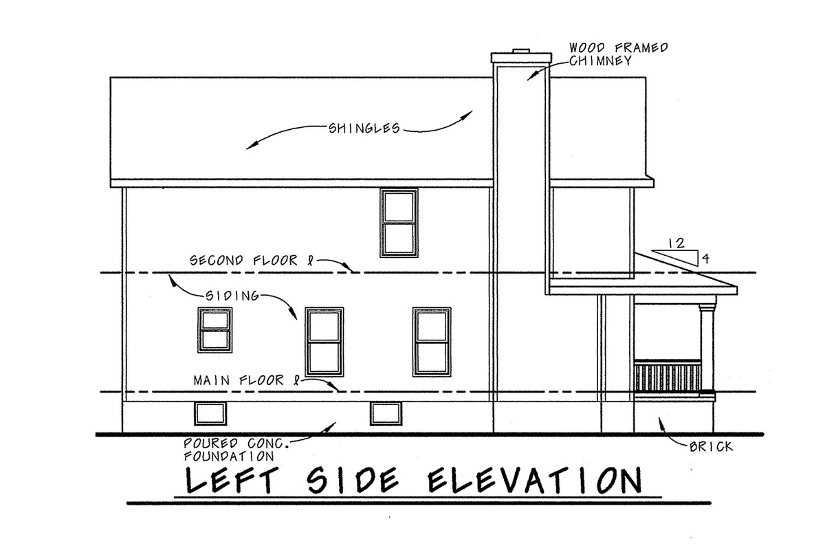 AB7763-A Traditional House Left Elevation, 3 Bedrooms, 2.5 Bathrooms | Wellman House Plan