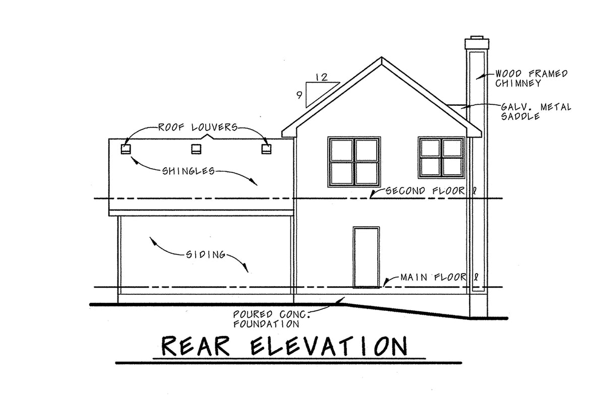 AB7763-A Traditional House Rear Elevation, 3 Bedrooms, 2.5 Bathrooms | Wellman House Plan