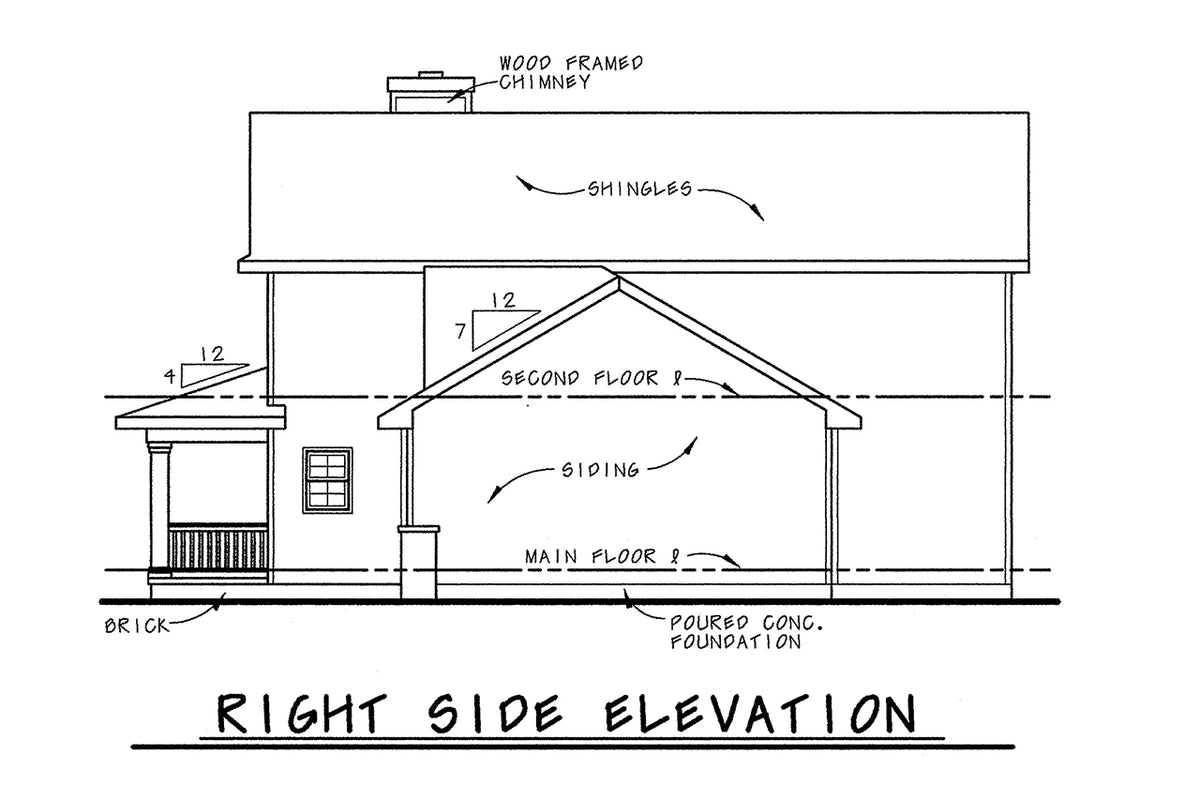 AB7763-A Traditional House Right Elevation, 3 Bedrooms, 2.5 Bathrooms | Wellman House Plan