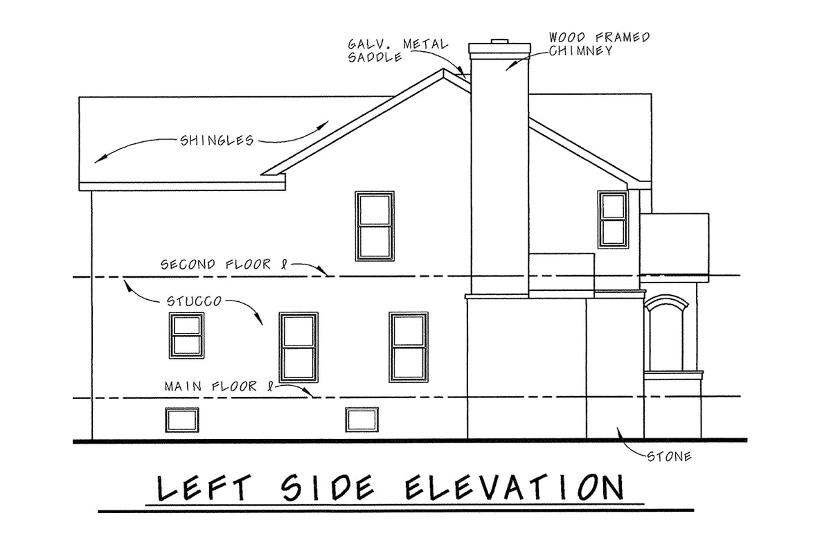 AB8069-A French Country House, 3 Bedrooms, 2.5 Bathrooms | Edinburg House Plan Left Elevation
