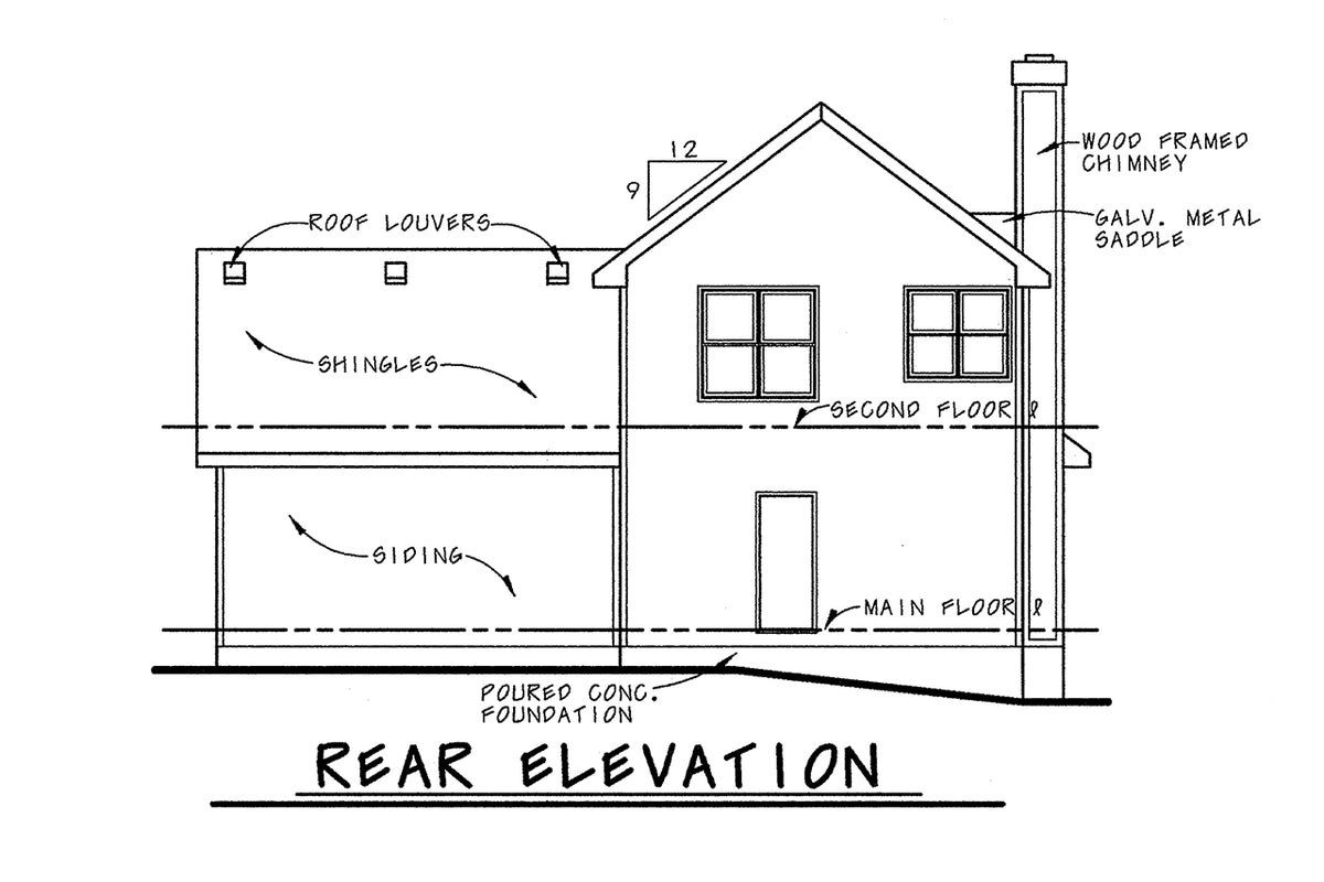 AB7765-A Cottage House Rear Elevation, 3 Bedrooms, 2.5 Bathrooms | Gardena House Plan 