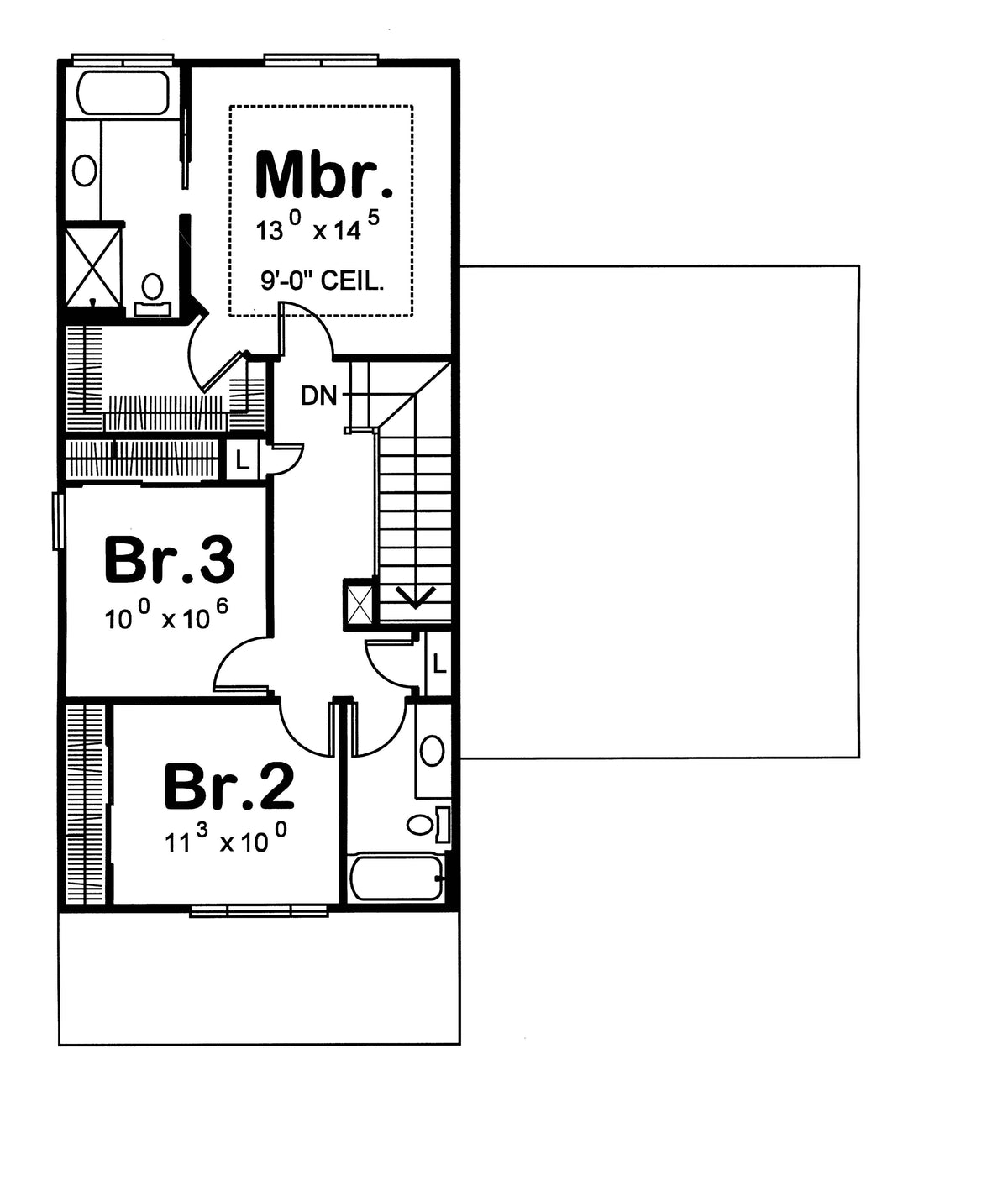 AB7765-A Cottage House Second Floor Plan, 3 Bedrooms, 2.5 Bathrooms | Gardena House Plan 