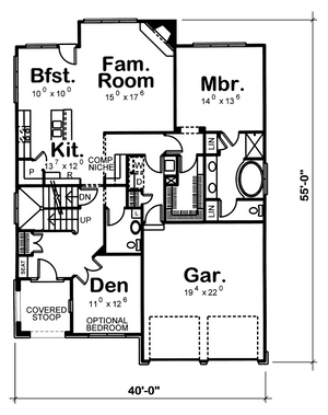 AB7766-A French Country House First Floor Plan, 3 or 4 Bedrooms, 2.5 Bathrooms | Hallsville House Plan