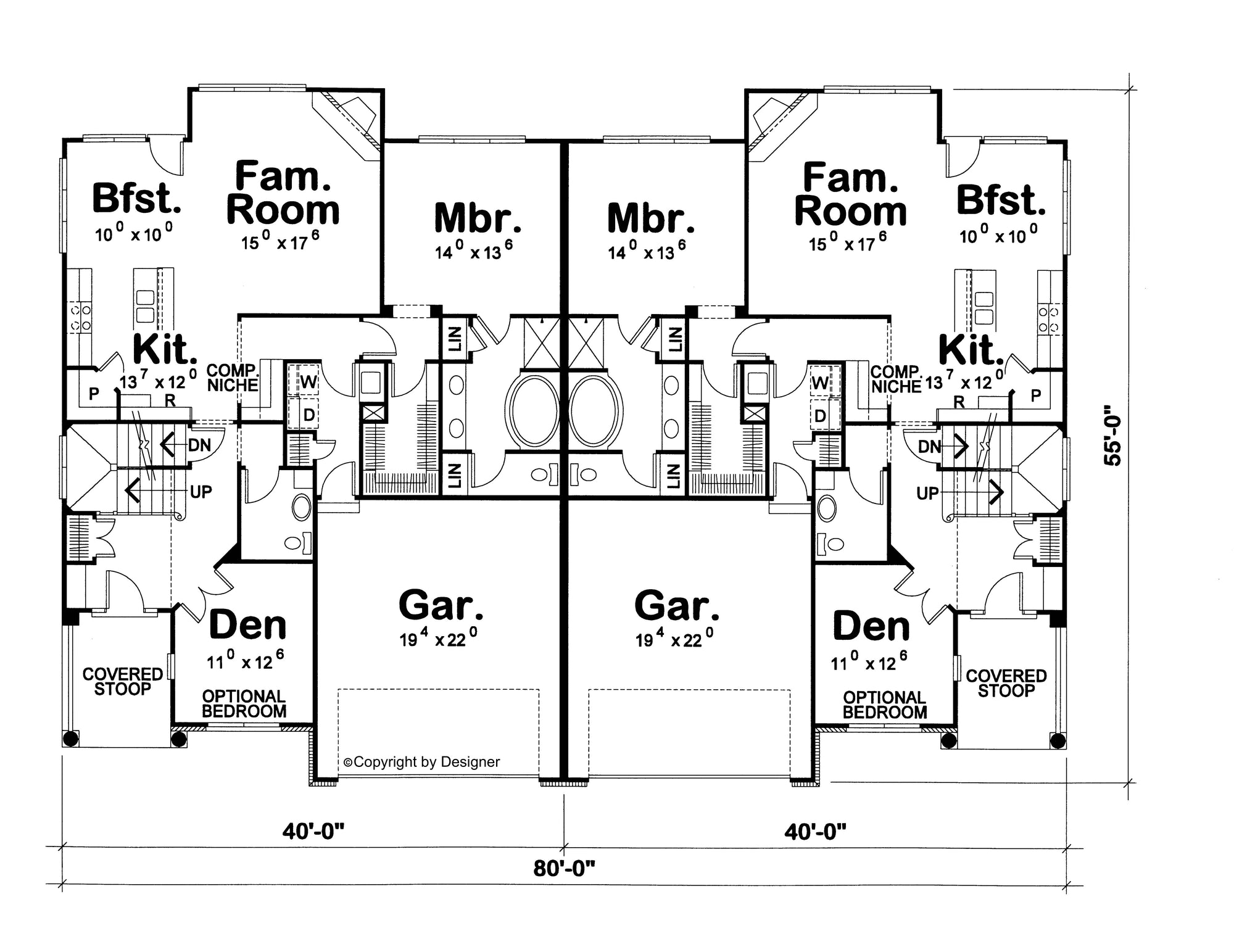 AB8322-A Traditional Duplex House First Floor Plan, 6 Bedrooms, 4 Bathrooms, 2 Half Baths | Forsem House Plan 