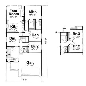 AB7948-A French Country House First Floor Plan, 2 to 3 Bedrooms, 2 Bathrooms | Oak Park 8611 