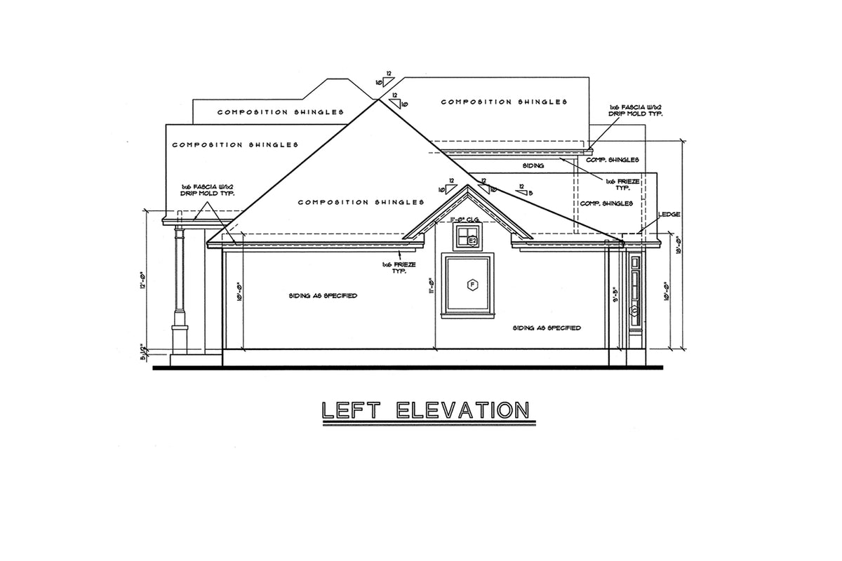 AB8086-A Traditional House, 3 Bedrooms, 2.5 Bathrooms | Sherwood Estate House Plan Left Elevation