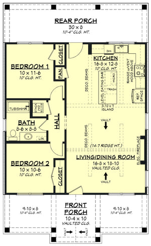 H8053-A Southern Farmhouse First Floor Plan, 2 Bedrooms, 1 Bathroom | Sansberry House 