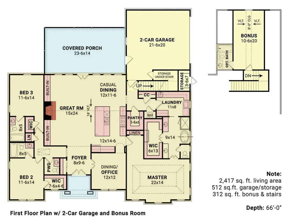 A571-A Rosemary Park House First Floor Plan with 2-Car Garage and Bonus Room