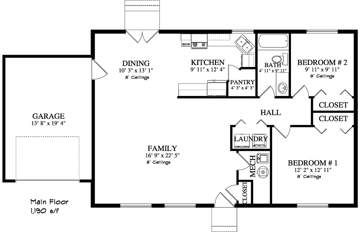 AO8466-A Ranch House, 2 Bedrooms, 1 Bathroom | Akers House Plan First Floor Plan