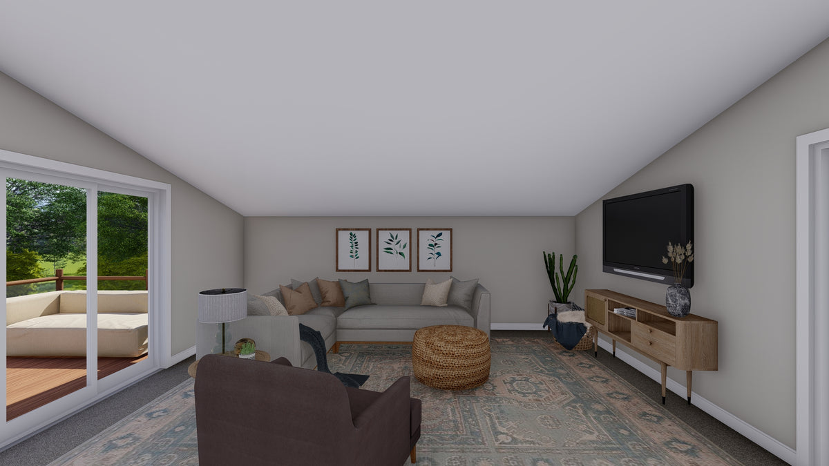 AO7989-A Contemporary Garage Apartment Great Room, 1 Bedroom, 1.5 Bathrooms | Andreas 