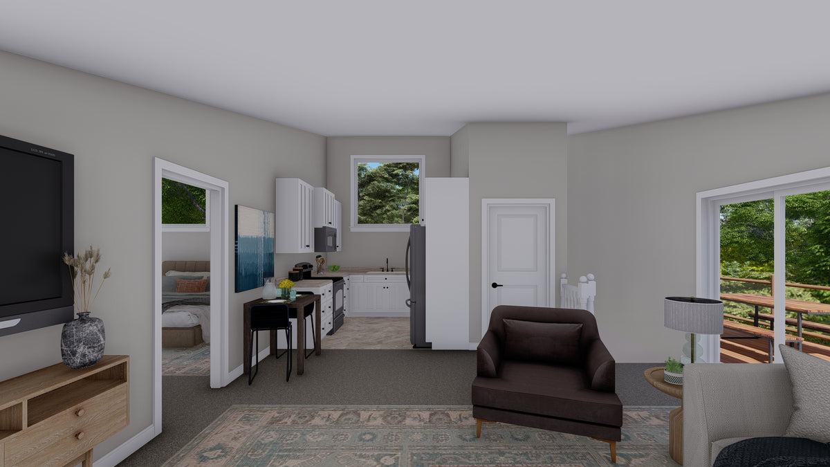 AO7989-A Contemporary Garage Apartment Kitchen, 1 Bedroom, 1.5 Bathrooms | Andreas 