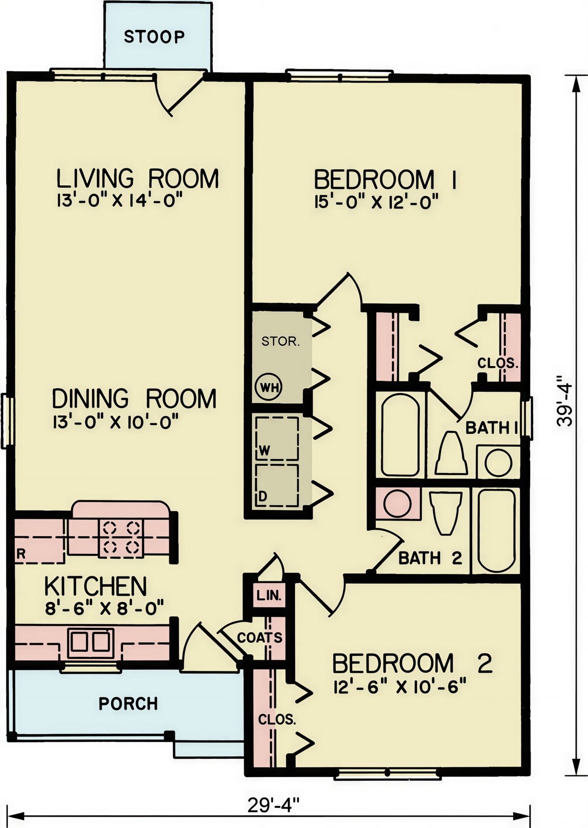 A8307-A Cottage House Floor Plan, 2 Bedrooms, 2 Bathrooms | Everly House Plan 