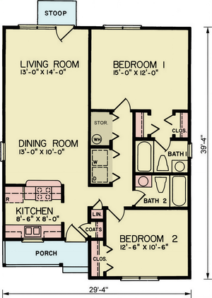 A8307-A Cottage House Floor Plan, 2 Bedrooms, 2 Bathrooms | Everly House Plan 