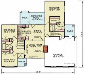 A8245-A Traditional House Floor Plan, 3 Bedrooms, 2 Bathrooms | Alan House Plan 