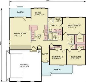 A8199-A Traditional House First Floor Plan, 3 Bedrooms, 2 Bathrooms | Summer House Plan 