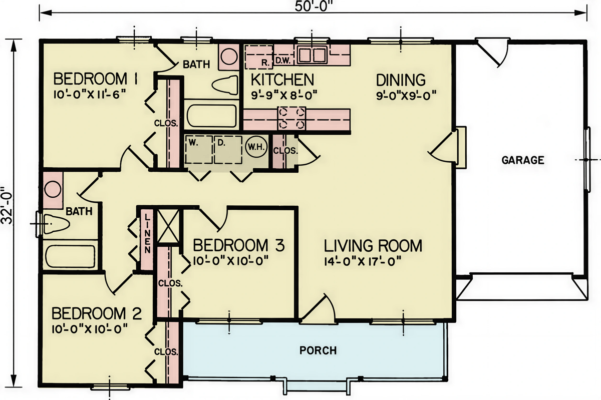 A8236-A Ranch House Floor Plan, 3 Bedrooms, 2 Bathrooms | Edgehill House Plan