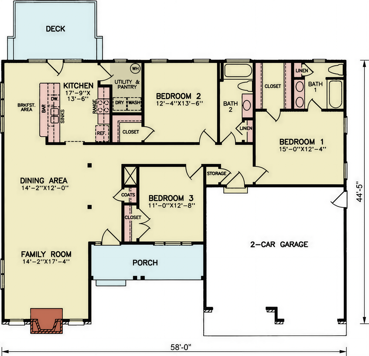 A8232-A Traditional House Floor Plan, 3 Bedrooms, 2 Bathrooms | Diamond House Plan 