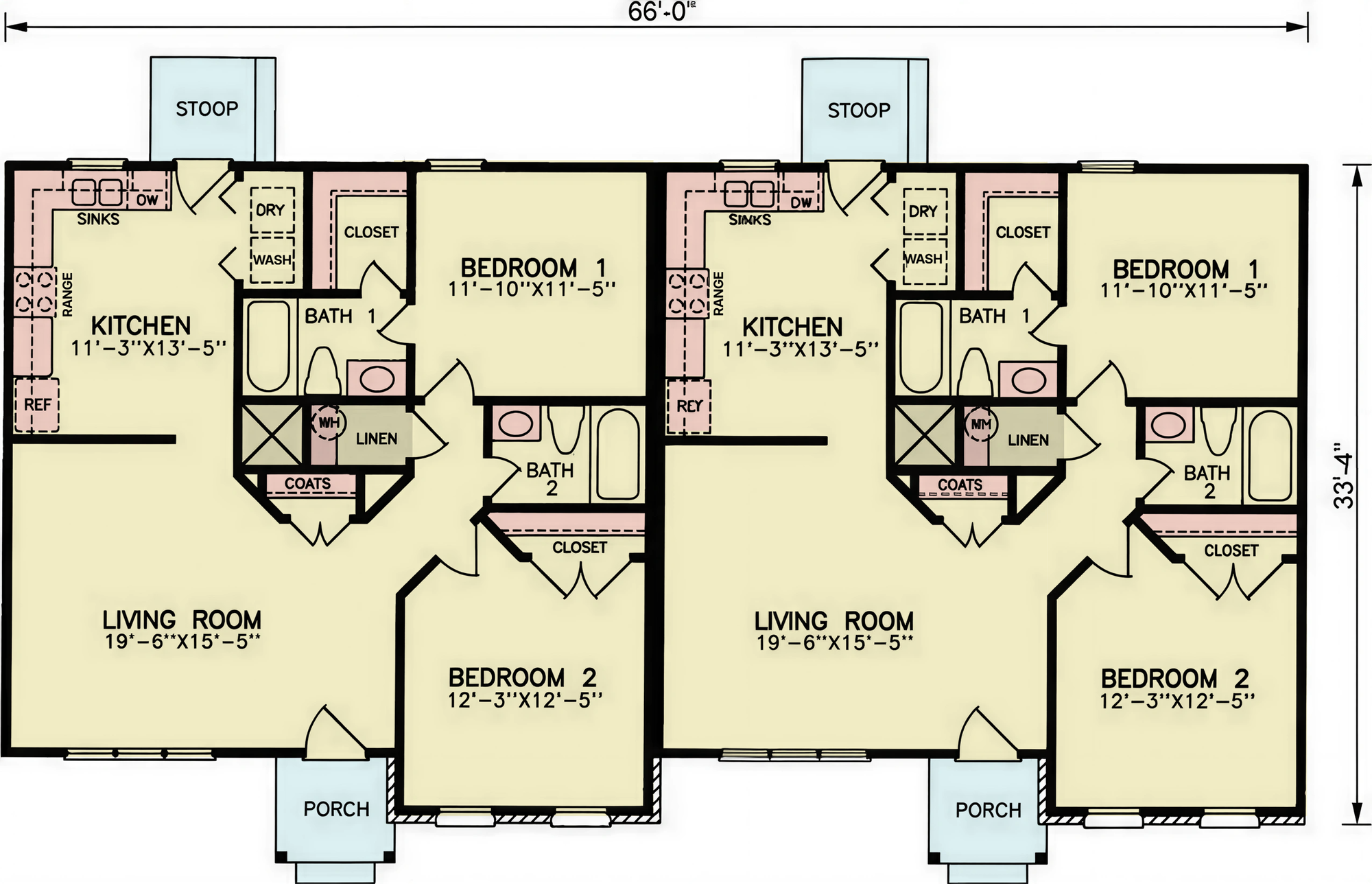 A8327-A Traditional Duplex House Floor Plan, 4 Bedrooms, 2 Bathrooms | Holden House Plan 
