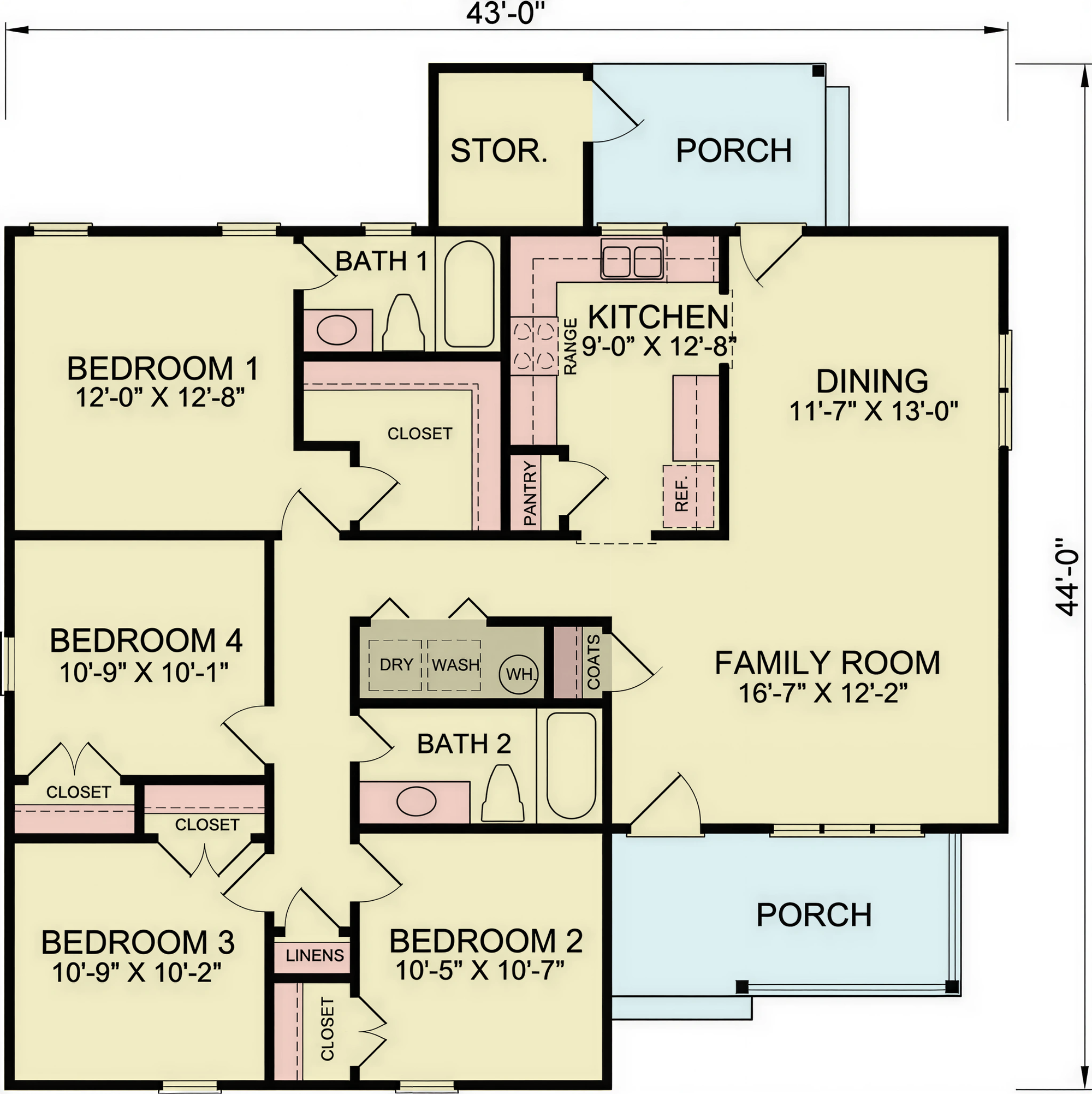 A8313-A Country Ranch House Floor Plan, 4 Bedrooms, 2 Bathrooms | Felix House Plan 