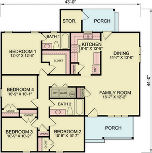 A8313-A Country Ranch House Floor Plan, 4 Bedrooms, 2 Bathrooms | Felix House Plan 