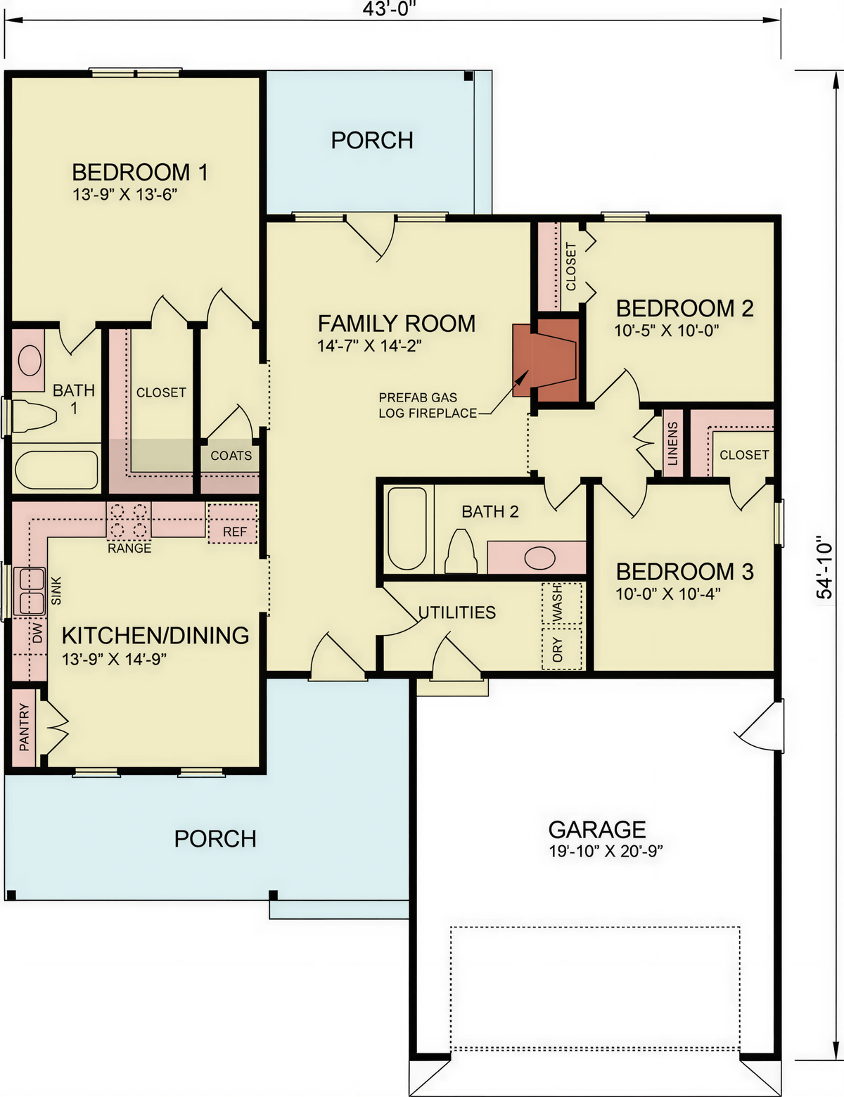 A8238-A Traditional House Floor Plan, 3 Bedrooms, 2 Bathrooms | Emily House Plan 