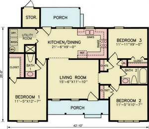 A8308-A Ranch House Floor Plan, 3 Bedrooms, 1 Bathroom, 1 Half Bathroom | Fallon House Plan
