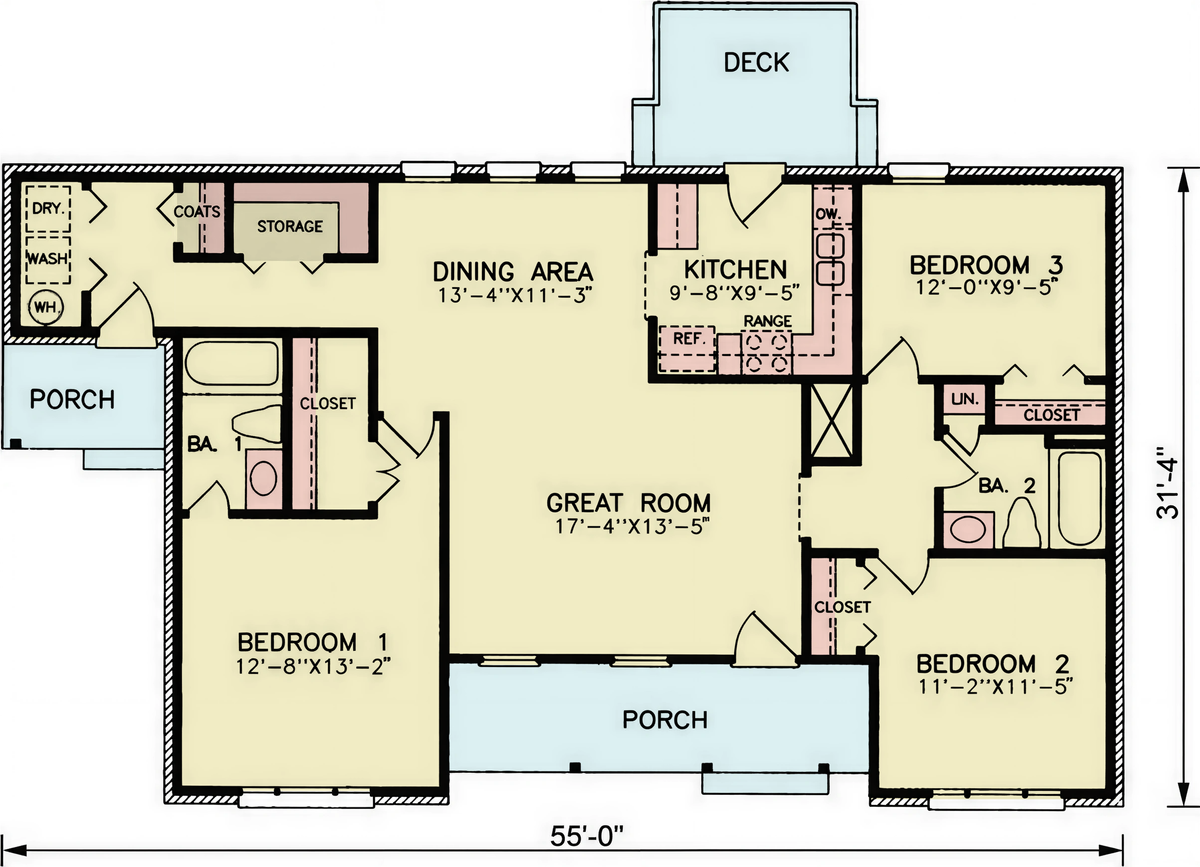 A8213-A Traditional House First Floor Plan, 3 Bedrooms, 2 Bathrooms | Jordan House Plan 