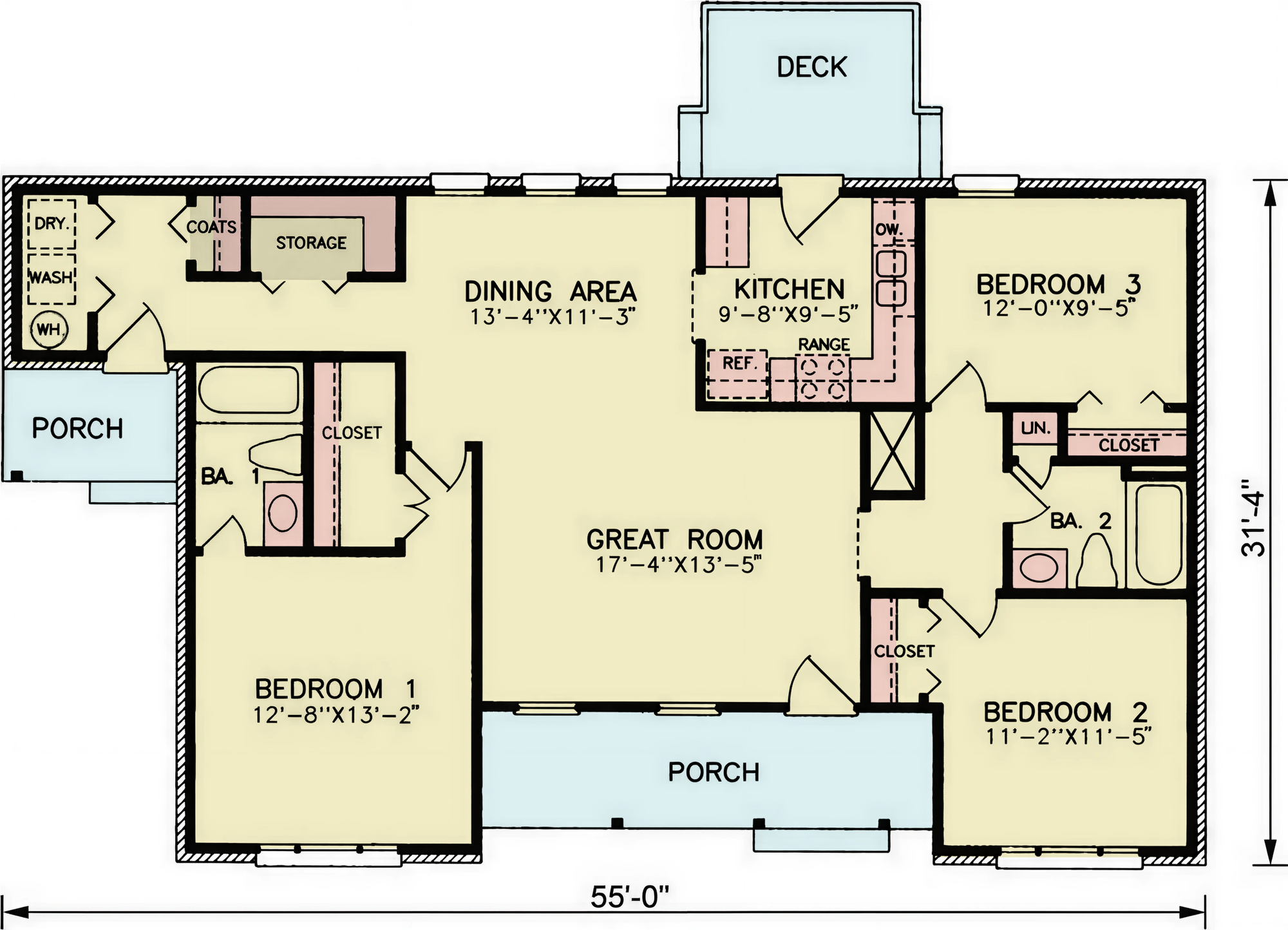 A8213-A Traditional House First Floor Plan, 3 Bedrooms, 2 Bathrooms | Jordan House Plan 