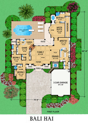 F7281-A Bali Hai House First Floor Plan 3 Beds 3.5 Baths