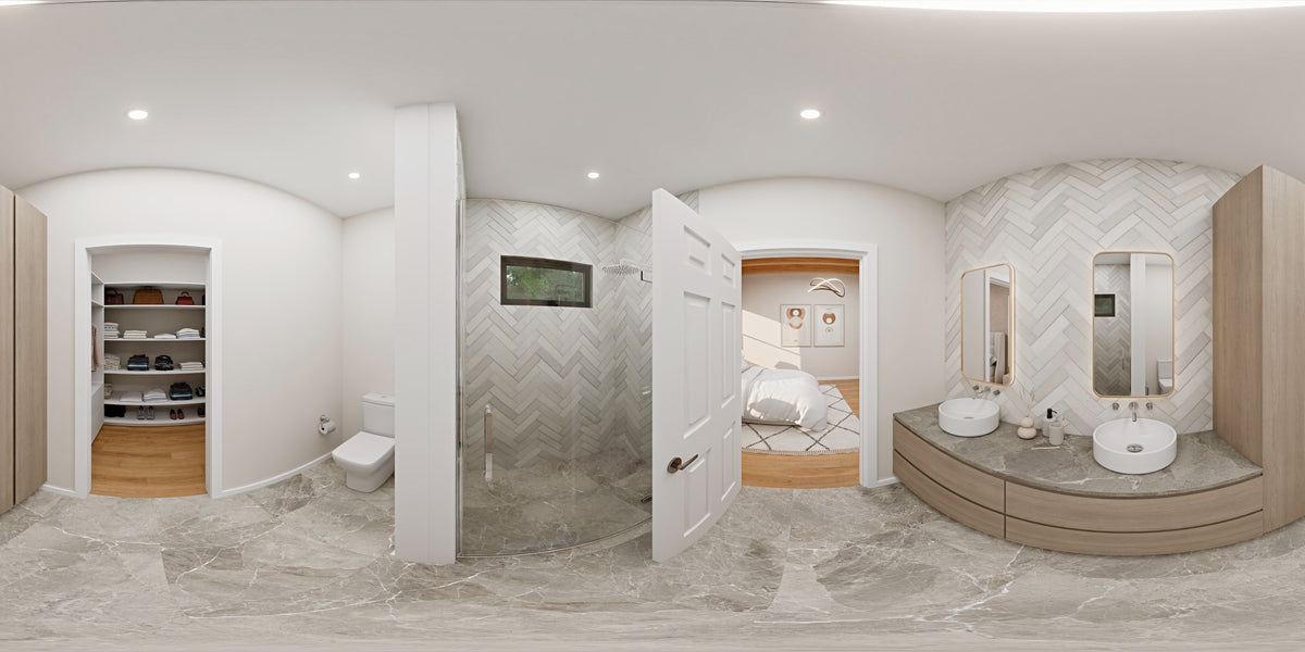 AJ7728-A Contemporary House Bathroom Panorama, 3 Bedrooms, 2 Bathrooms | Plan 1055 