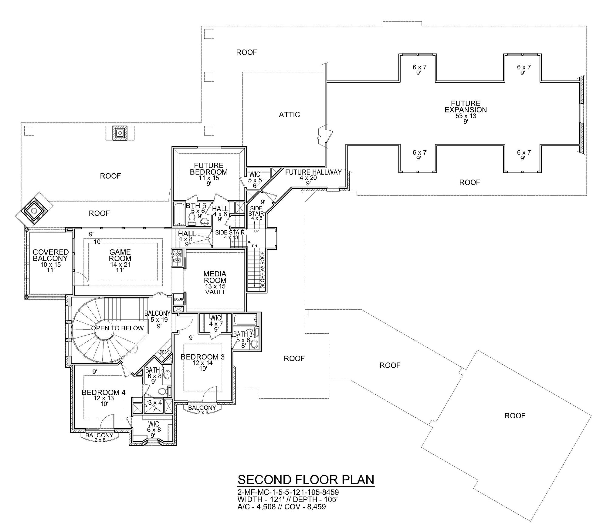 F8041-A French Country House Second Floor Plan, 5 Bedrooms, 5.5 Bathrooms | Becky Jane 