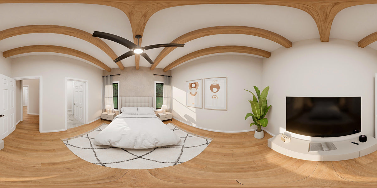 AJ7728-A Contemporary House Bedroom Panorama, 3 Bedrooms, 2 Bathrooms | Plan 1055 