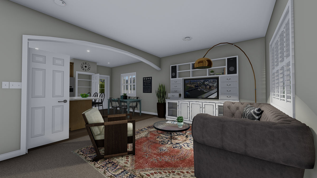 AO8471-A Traditional Ranch House, 2 Bedrooms, 2 Bathrooms | Brynn House Plan Family Room