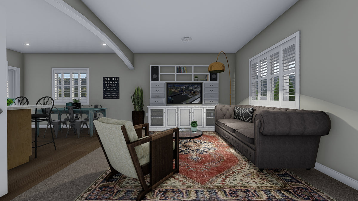AO8471-A Traditional Ranch House, 2 Bedrooms, 2 Bathrooms | Brynn House Plan Family Room
