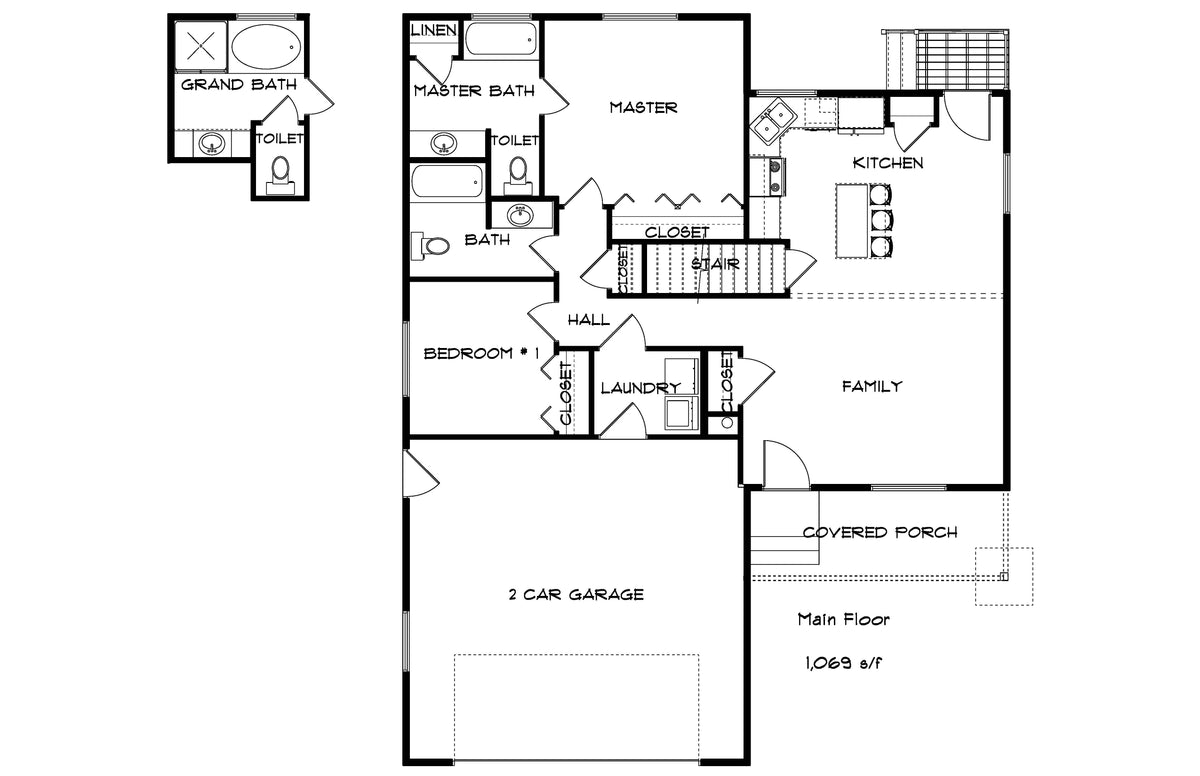 AO8471-A Traditional Ranch House, 2 Bedrooms, 2 Bathrooms | Brynn House Plan First Floor Plan