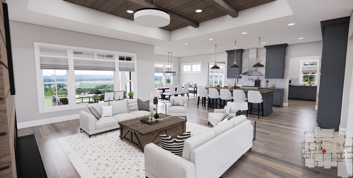 D7371-A Wood Haven House Great Room, Eating Bar, Kitchen and Dining