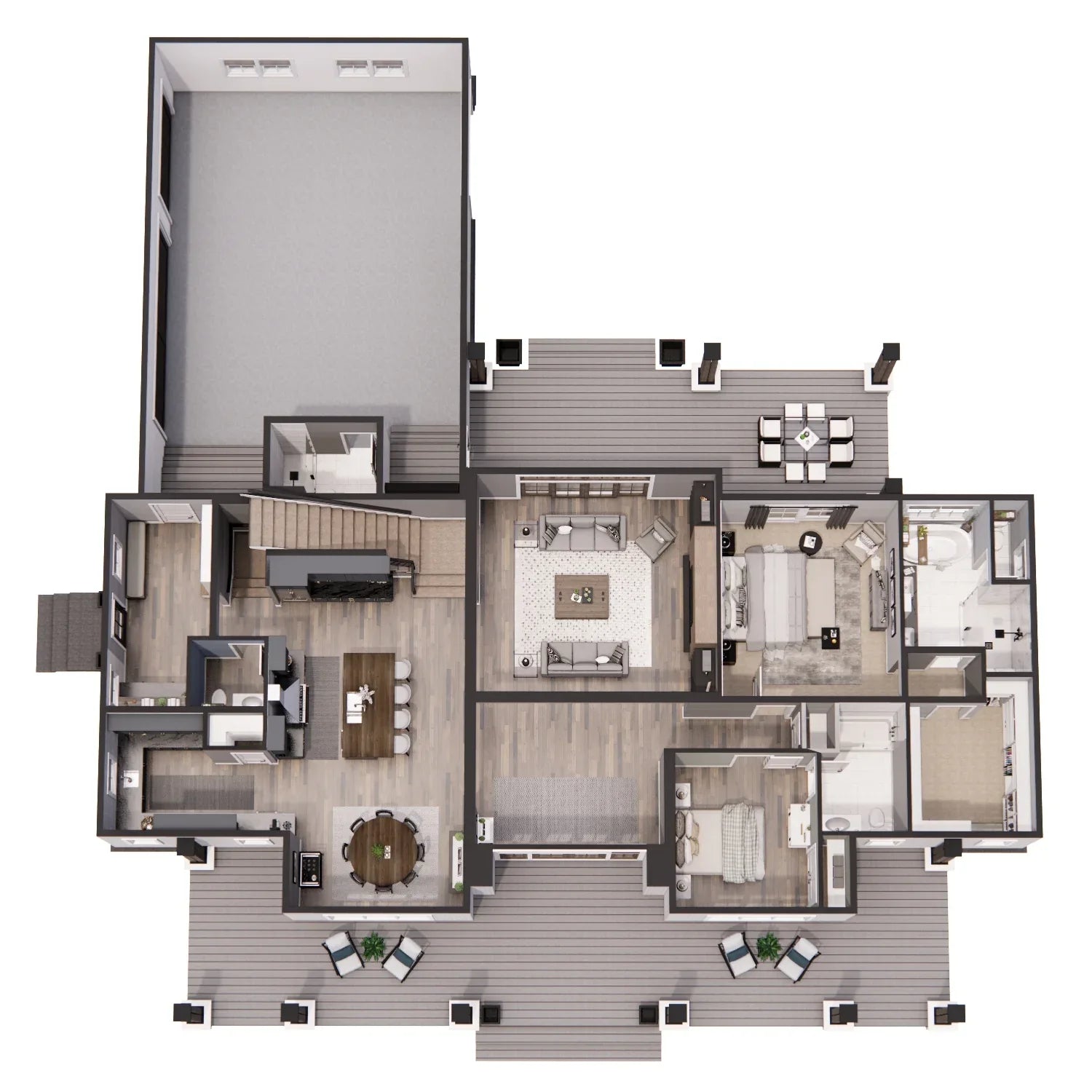 D7370-A Stone Haven House 3D First Floor Plan 5 Beds 4.5 Baths
