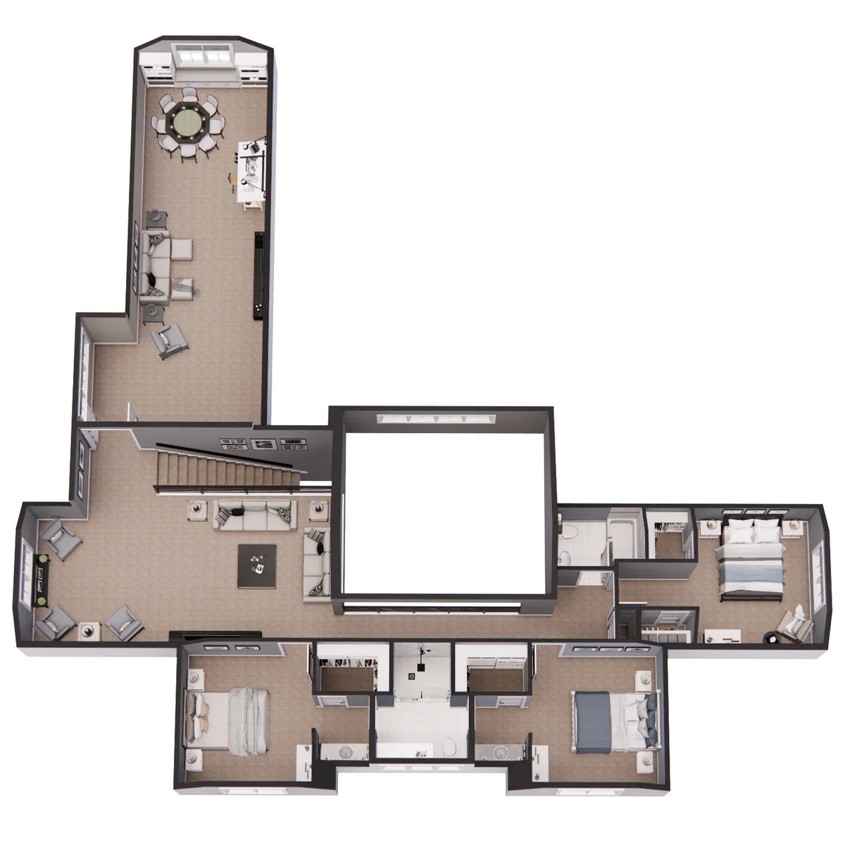 D7370-A Stone Haven House 3D Second Floor Plan with Bonus Room 5 Beds 4.5 Baths