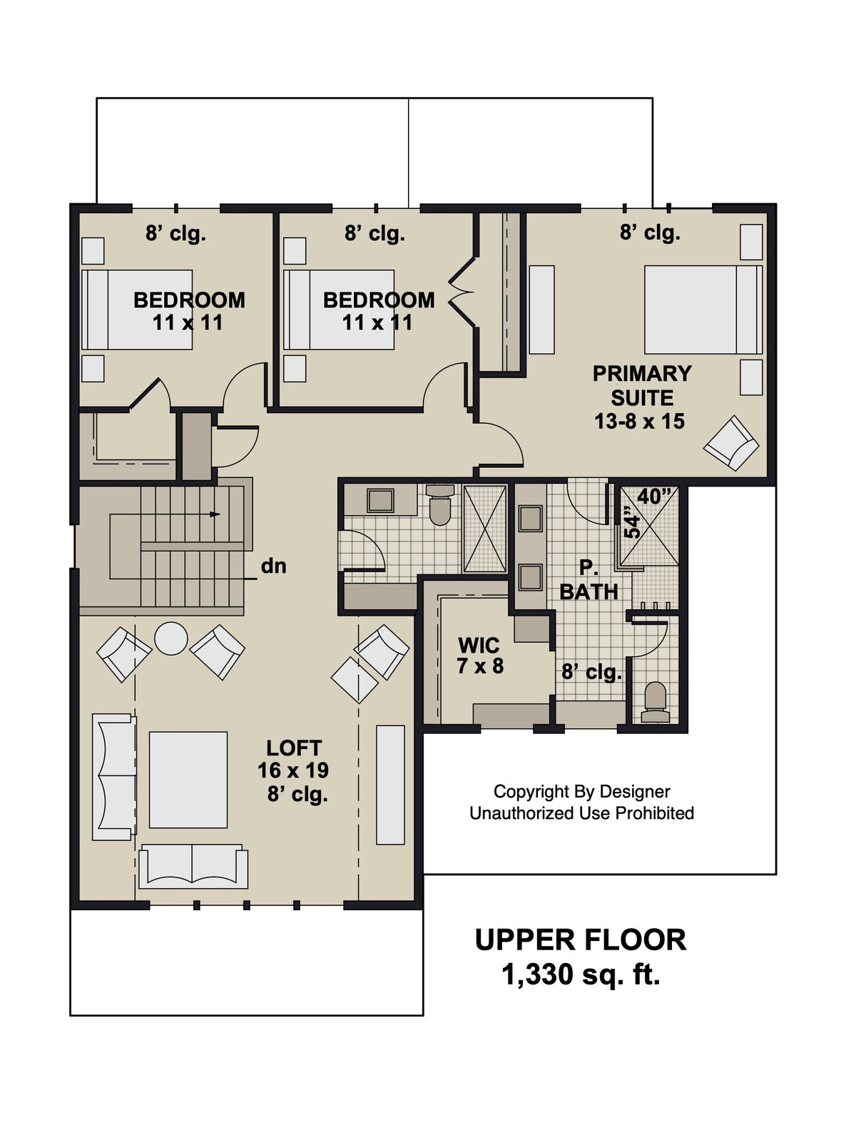 D7343-A Woodford House Second Floor Plan 3 Beds 2.5 Baths