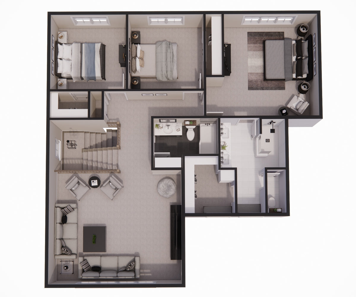 D7343-A Woodford House 3D Second Floor Plan 3 Beds 2.5 Baths