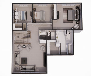 D7343-A Woodford House 3D Second Floor Plan 3 Beds 2.5 Baths