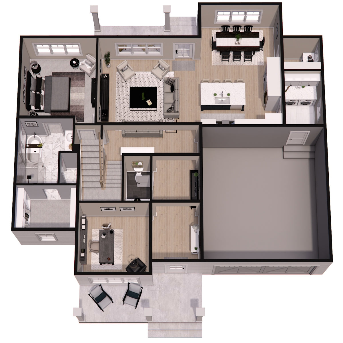 D7362-A Woodley House 3D First Floor Plan 4 Beds 3.5 Baths