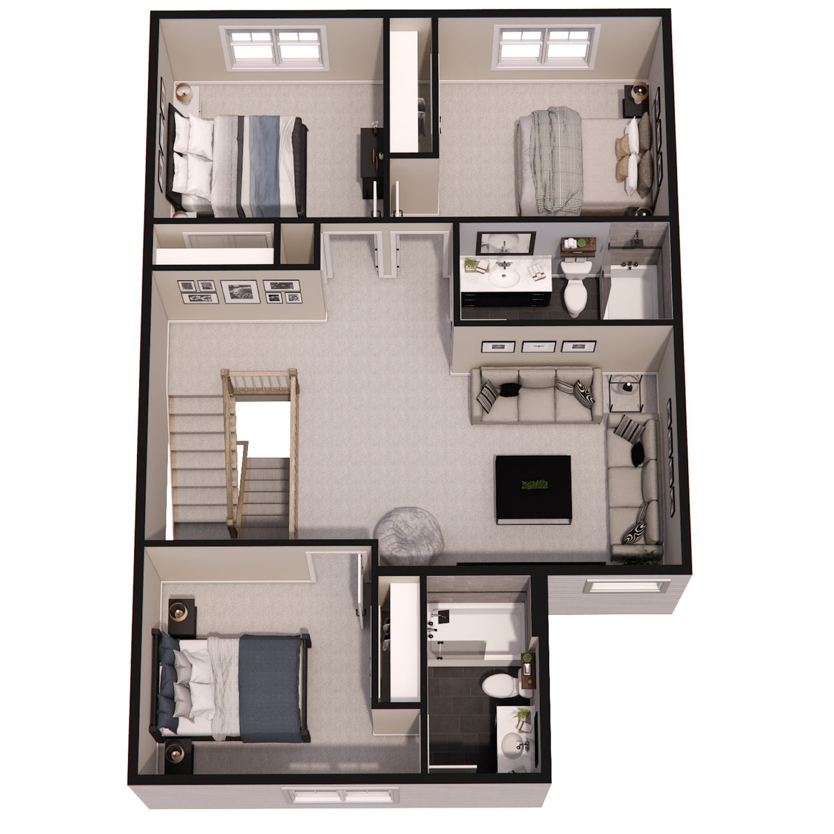 D7362-A Woodley House 3D Second Floor Plan 4 Beds 3.5 Baths