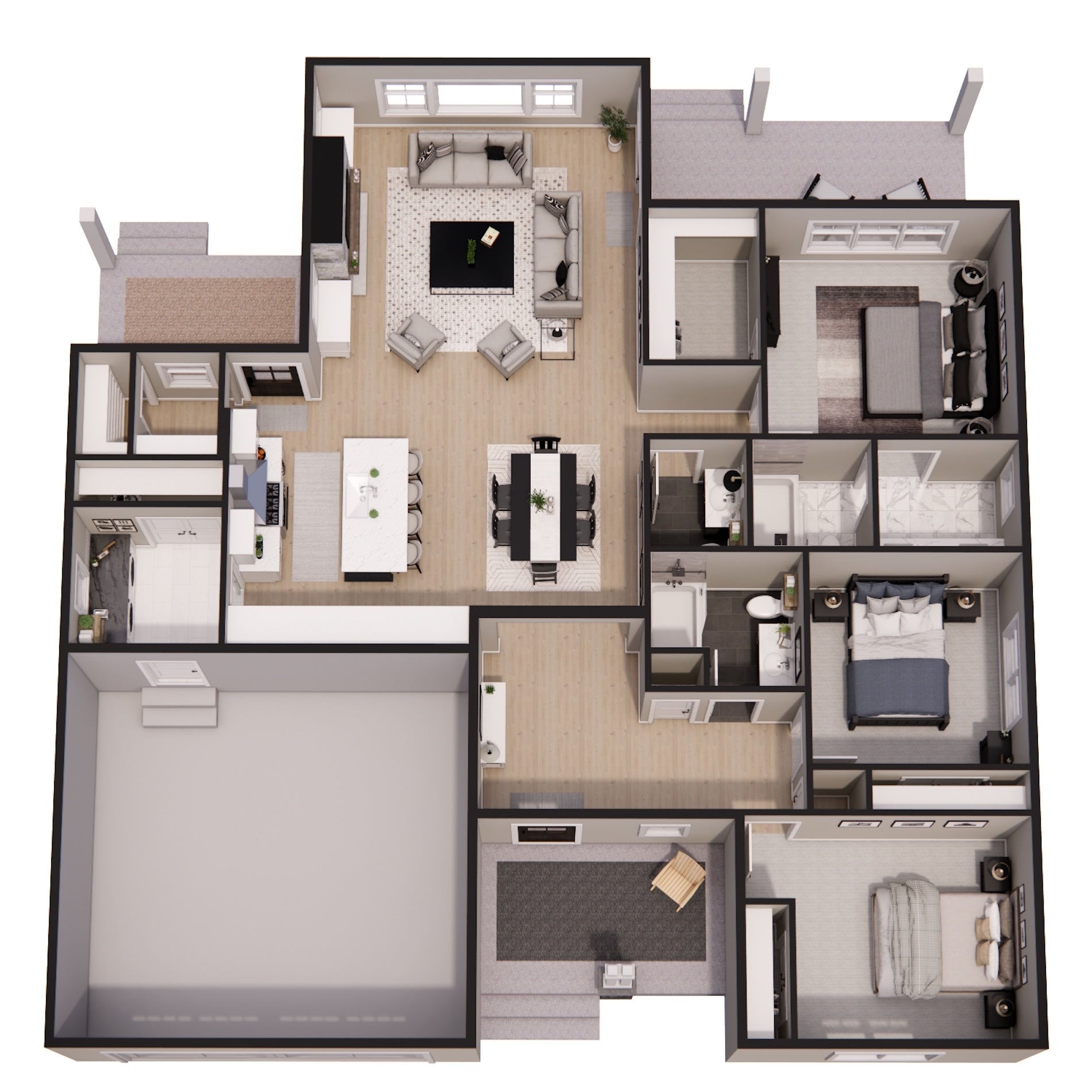 D7377-A Brewer House 3D First Floor Plan 3 Beds 2.5 Baths