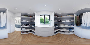 AJ7641-A Modern Transitional House Closet Panorama, 3 Bedrooms, 2 Bathrooms | Plan VD1065 
