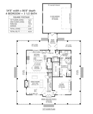 C7540-A Modern Farmhouse First Floor Plan, 4 Bedrooms, 3.5 Bathrooms | Columbia Heights Plan
