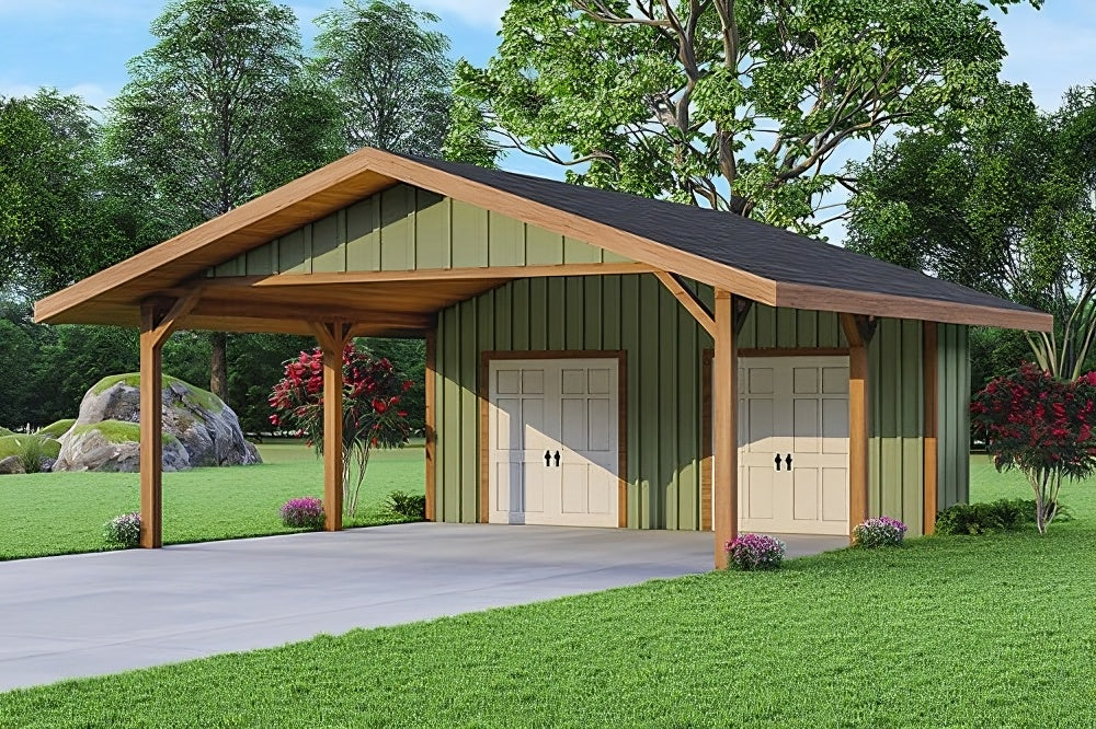 2-Car Garage and Carport Plan with Storage Closet